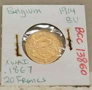 Gold, Belgium, 1914, 20 Francs, Unc, 0.1867 oz Gold