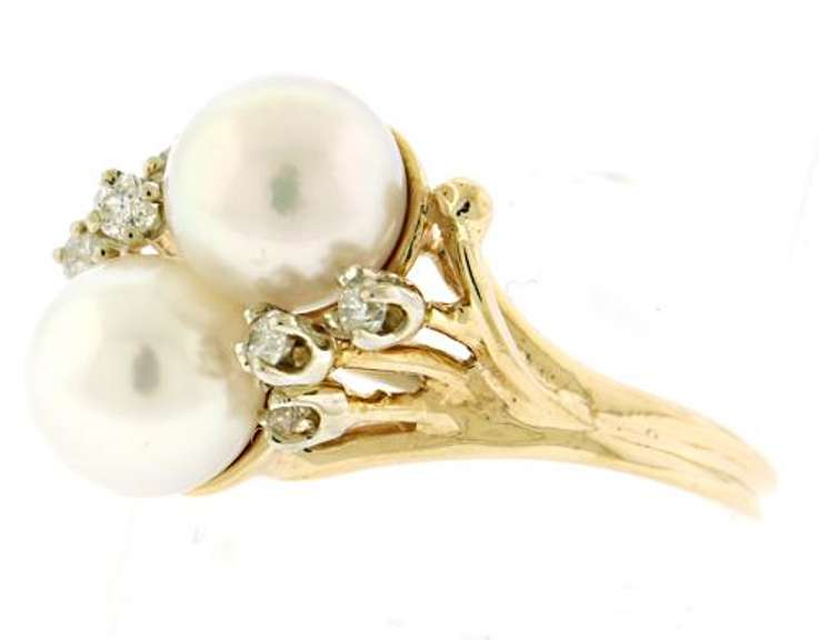 Elegant 14kt YG Double Pearl and Diamond Accent Ring