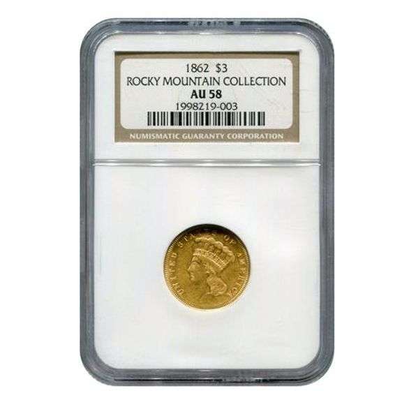 US Gold $3 1862 AU58 NGC Rocky Mountain Collection
