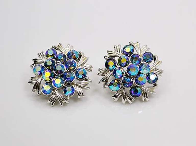 AB Aurora Borealis Crystals Clip On Earrings Signed Coro