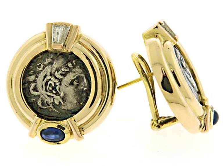 Pretty Cab Sapphire and Baguette Diamonds Replica Coin Earrings