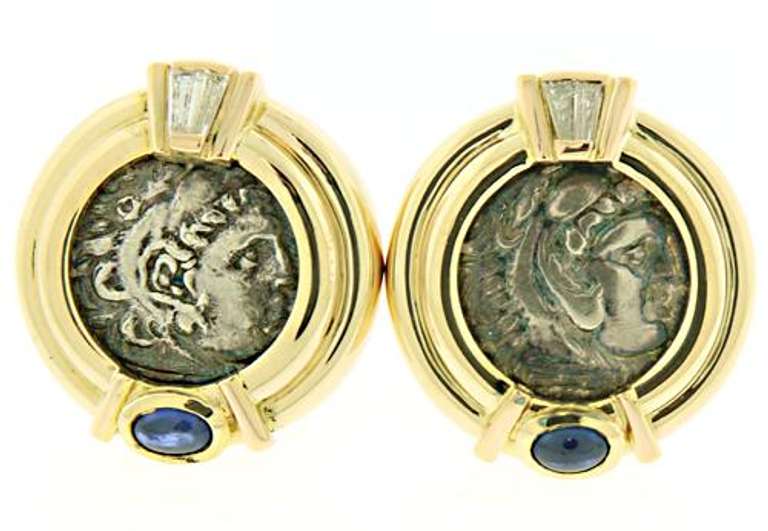 Pretty Cab Sapphire and Baguette Diamonds Replica Coin Earrings