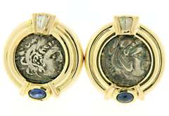 Pretty Cab Sapphire and Baguette Diamonds Replica Coin Earrings