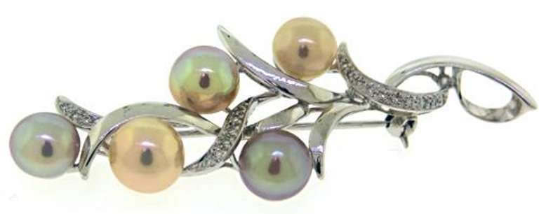 Fancy 14kt White Gold Pearl and Diamond Pendant Brooch