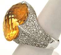 LADIES 18KT WHITE GOLD CITRINE AND DIAMOND RING.