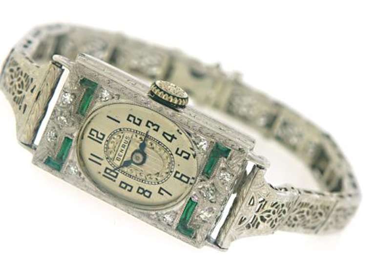 Vintage Synthetic Emerald and Diamond Watch