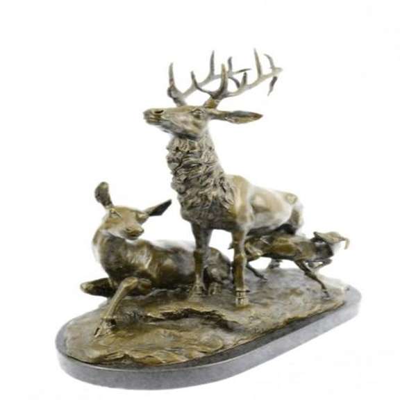 Deer Fawn Stag Buck Family Bronze Sculpture on Marble