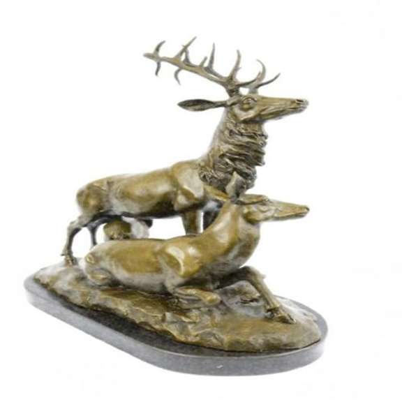 Deer Fawn Stag Buck Family Bronze Sculpture on Marble