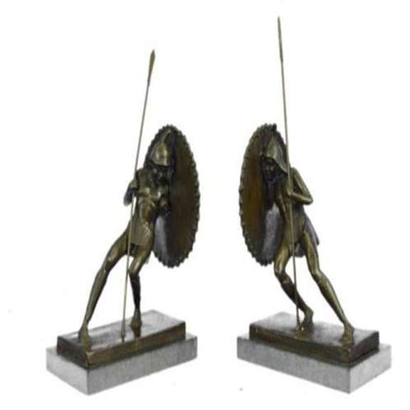 Pair Two Japanese Warrior with Shield Bronze Sculpture