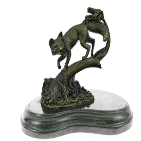 Fox Wild Animal Bronze Statue on Marble Base Sculpture