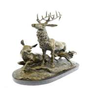 Deer Fawn Stag Buck Family Bronze Sculpture on Marble