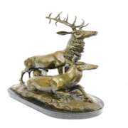 Deer Fawn Stag Buck Family Bronze Sculpture on Marble