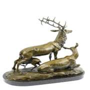 Deer Fawn Stag Buck Family Bronze Sculpture on Marble