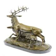 Deer Fawn Stag Buck Family Bronze Sculpture on Marble