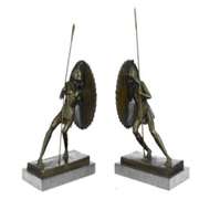 Pair Two Japanese Warrior with Shield Bronze Sculpture