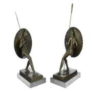 Pair Two Japanese Warrior with Shield Bronze Sculpture