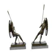 Pair Two Japanese Warrior with Shield Bronze Sculpture