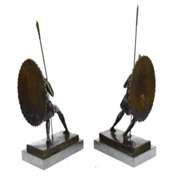 Pair Two Japanese Warrior with Shield Bronze Sculpture