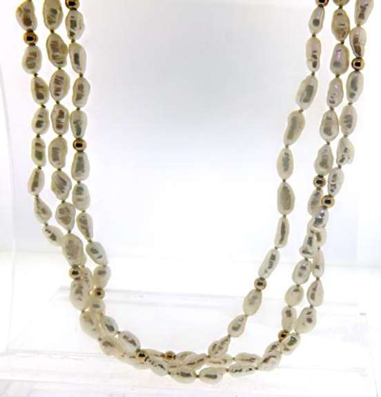 3 Row Fresh Water Pearl and Gold Beaded Necklace