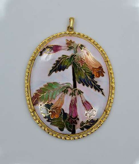 Large Floral Design Cloissone Pendant in Metal Setting