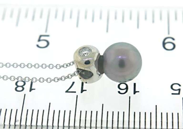 Classic 18kt WG Grey Pearl and Bezel Set Diamond Necklace