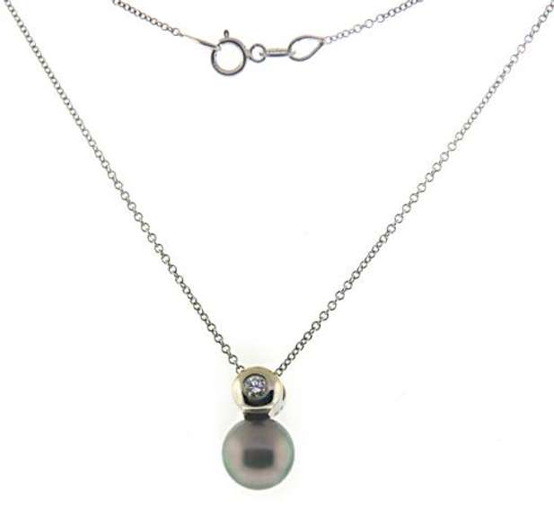 Classic 18kt WG Grey Pearl and Bezel Set Diamond Necklace