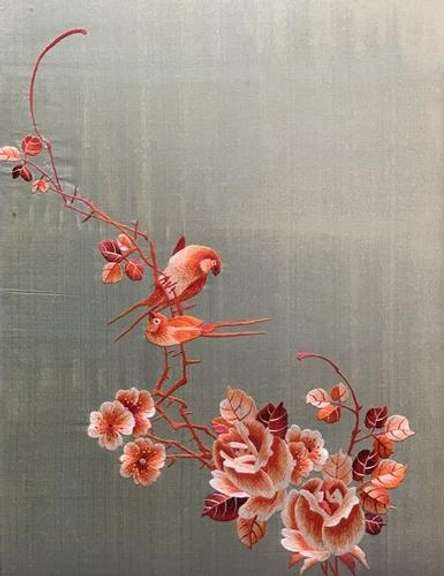 Beautiful Birds & Flowers Embroidery On Silk