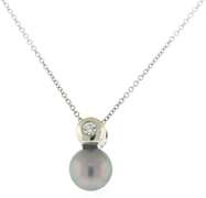 Classic 18kt WG Grey Pearl and Bezel Set Diamond Necklace