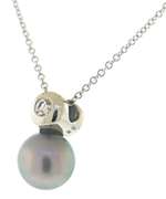 Classic 18kt WG Grey Pearl and Bezel Set Diamond Necklace