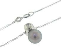 Classic 18kt WG Grey Pearl and Bezel Set Diamond Necklace