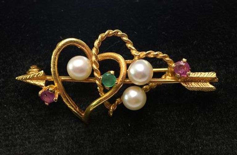14KT Heart & Arrow Brooch with Ruby, Emerald, & Pearls