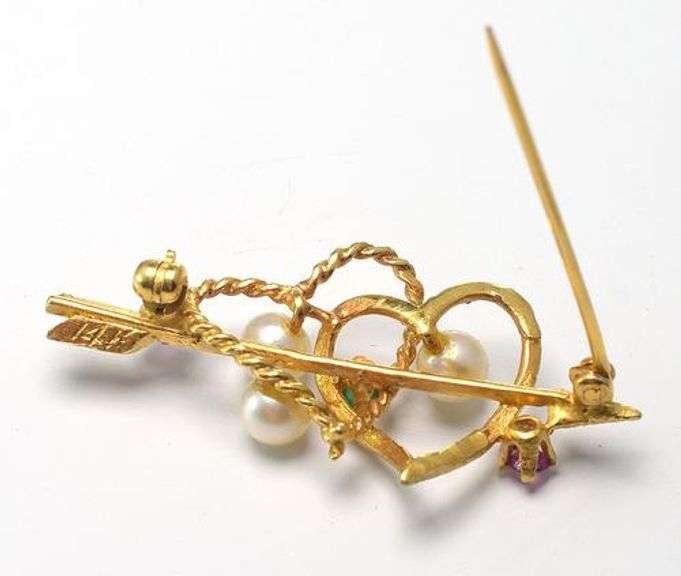 14KT Heart & Arrow Brooch with Ruby, Emerald, & Pearls
