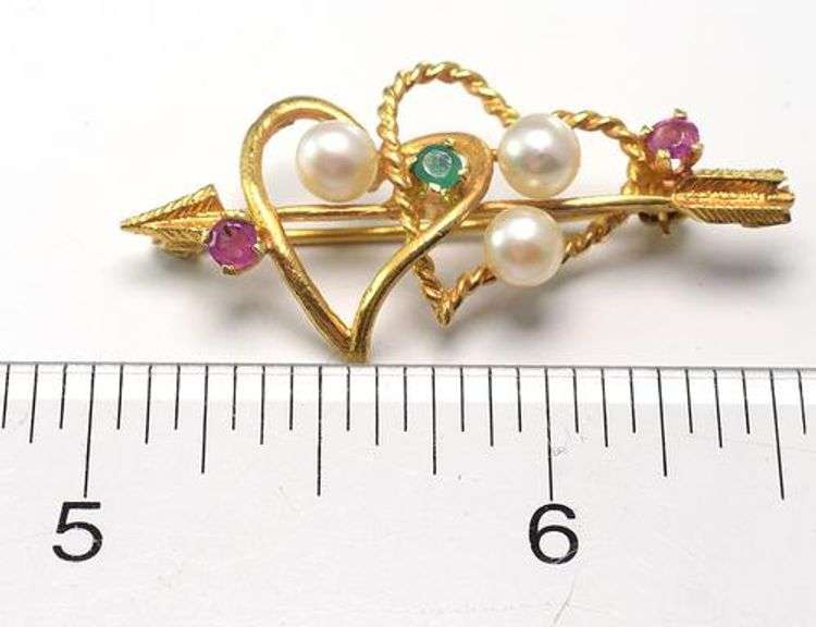 14KT Heart & Arrow Brooch with Ruby, Emerald, & Pearls