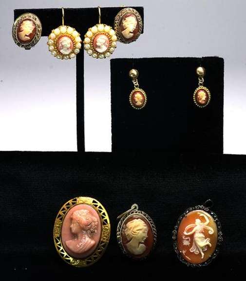 Lot of Cameo Jewelry: 3 pairs Earrings, 3 Pendants