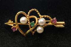 14KT Heart & Arrow Brooch with Ruby, Emerald, & Pearls
