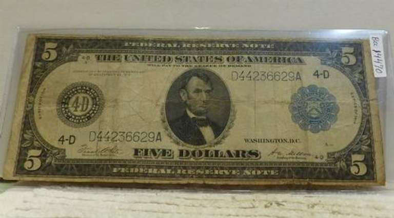 1914 Large Size, $5 Fed Res Note, circ