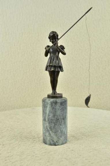 Young Girl Fishing in Lake Bronze Sculpture
