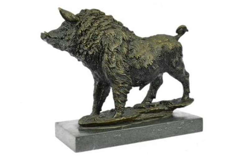 Wild Boar Pig Bronze Sculpture on Marble Base Statue
