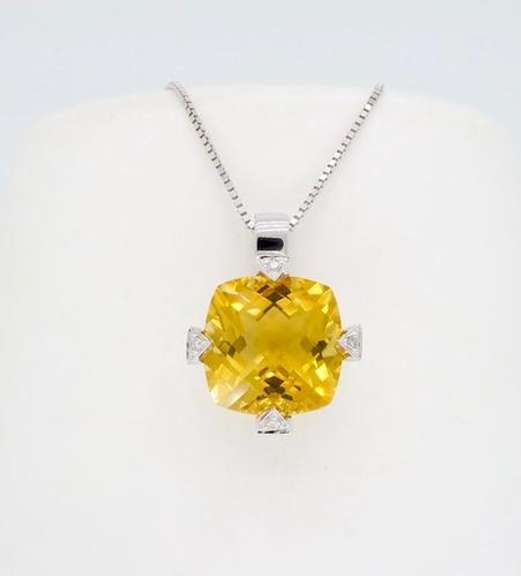 14K White Gold Citrine & Diamond Pendant Necklace
