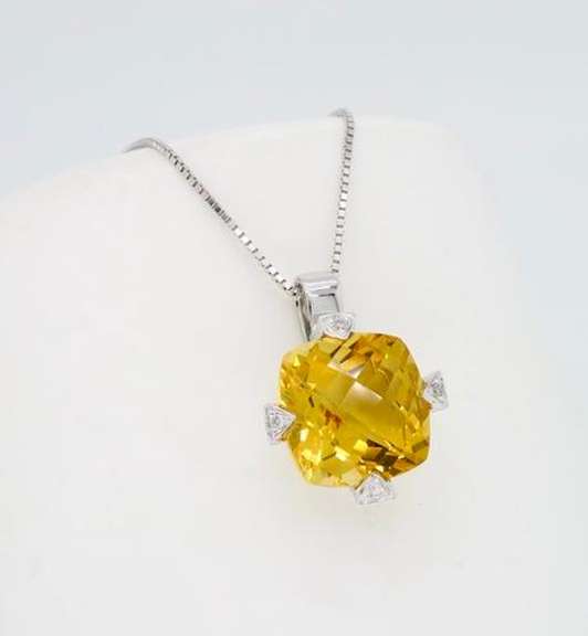 14K White Gold Citrine & Diamond Pendant Necklace