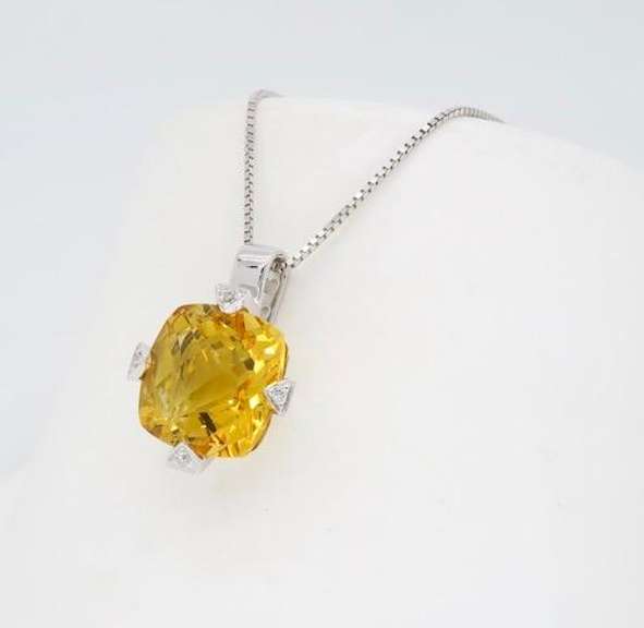 14K White Gold Citrine & Diamond Pendant Necklace