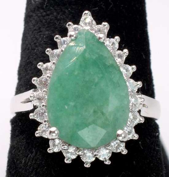 Classy pear-Cut Emerald & Sapphire Halo Ring, Sterling