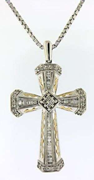 Fabulous 14kt WGBaguette Diamond Cross Pendant Necklace