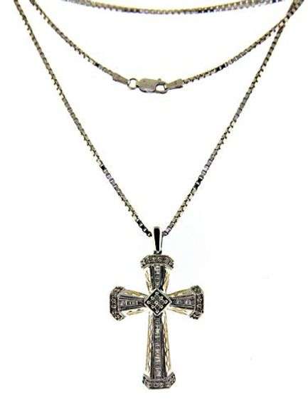 Fabulous 14kt WGBaguette Diamond Cross Pendant Necklace