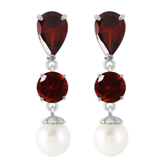 Solid White Gold Chandelier Earrings Garnet Pearl