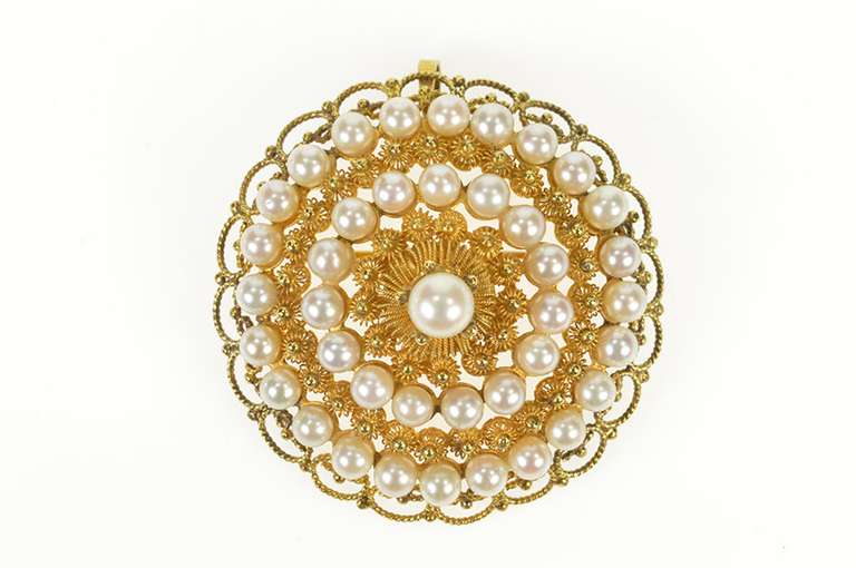 10K Yellow Gold Etruscan Revival Pearl Round Medallion Pendant/Pin