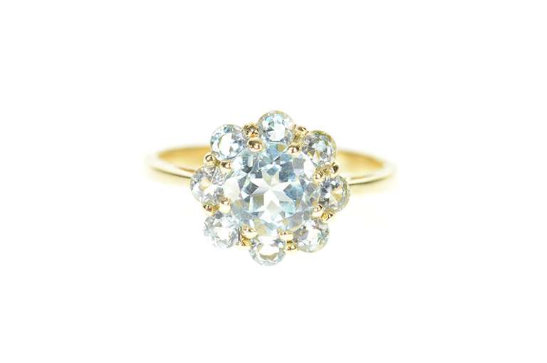 10K Yellow Gold Round Blue Topaz Halo Cluster Cocktail Ring