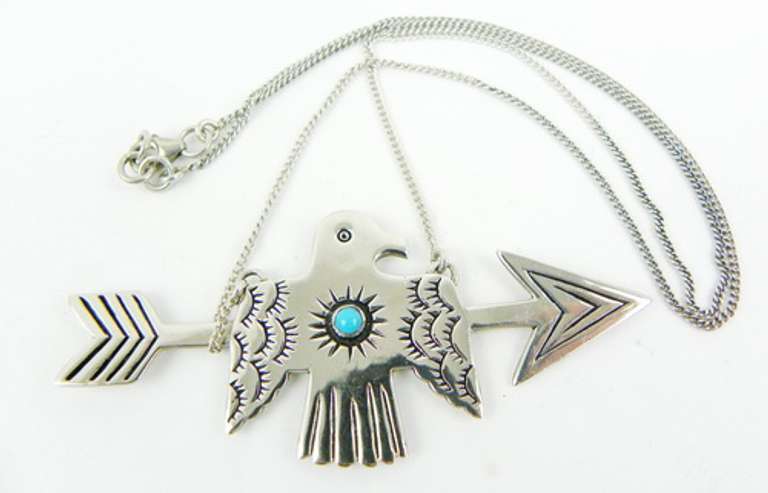 Large Sterling Turquoise Thunderbird Necklace, Signed
