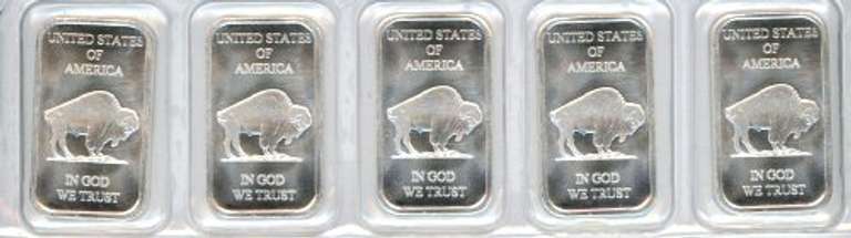 5 Indian/Buffalo 1 Troy Ounce Silver Bars in plastic