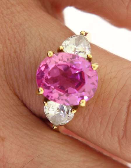 Big Oval Pink Sapphire w CZ Ring